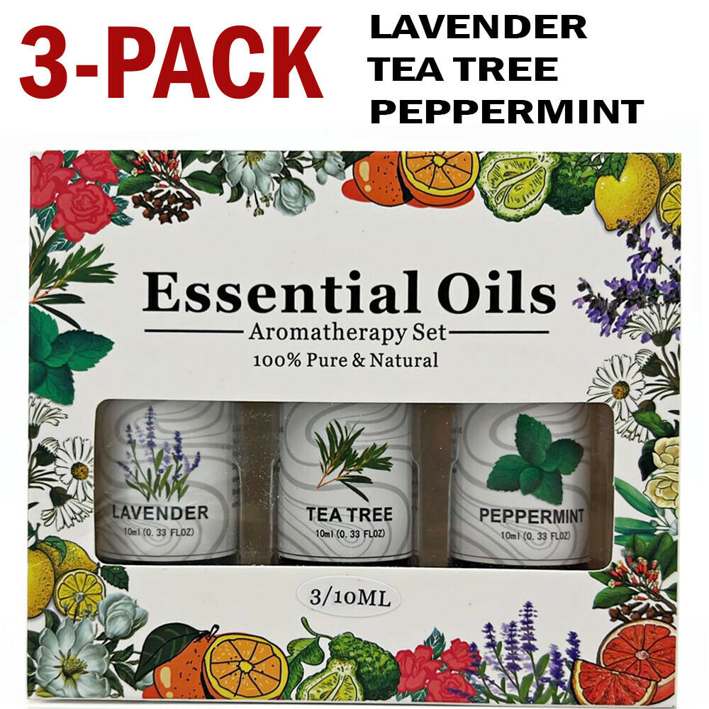 Essential Oil 3 x 10 mL (.33 Oz) Peppermint, Rosemary and Tea Tree -  Aromatherapy - Premium Grade - USDA Certified Organic - Gift Set of 3 -  Made with